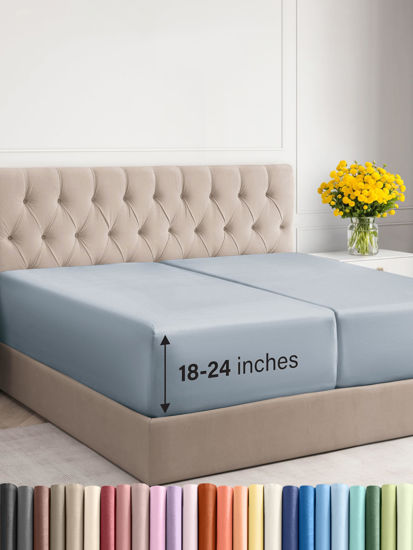 Picture of Extra Deep Split King Fitted Sheet - Hotel Luxury Single Fitted Sheet Only - Easily Fits 18 inch to 24 inch Mattress - Soft, Wrinkle Free, Breathable & Comfy Extra Deep Pockets Sky Blue Fitted Sheet