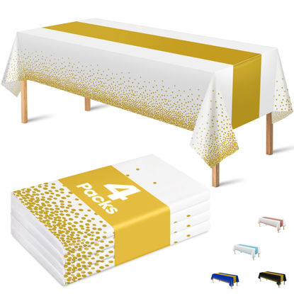 Picture of OHOME 4 Pack Disposable Plastic Table Cloths for Parties,White and Gold Rectangle Table Covers for Fall Wedding Bridal Shower Birthday | Baptism Christmas Friendsgiving Party Decorations 54" x 108"
