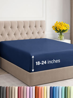 Picture of Extra Deep Twin Fitted Sheet - Hotel Luxury Single Fitted Sheet Only - Sheet Easily Fits 18 inch to 24 inch Mattress - Soft, Wrinkle Free, Breathable & Comfy Extra Deep Pockets Navy Blue Fitted Sheet