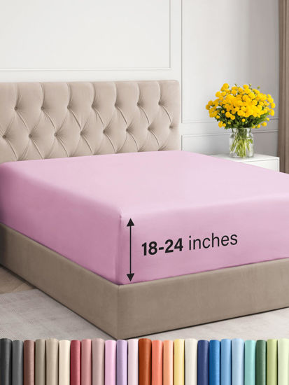 Picture of Extra Deep Full Fitted Sheet - Hotel Luxury Single Fitted Sheet Only - Easily Fits 18 inch to 24 inch Mattress - Soft, Wrinkle Free, Breathable and Comfy - Extra Deep Pockets Light Pink Fitted Sheet