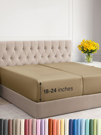 Picture of Extra Deep Split King Fitted Sheet - Hotel Luxury Single Fitted Sheet Only - Easily Fits 18 inch to 24 inch Mattress - Soft, Wrinkle Free, Breathable and Comfy - Extra Deep Pockets Beige Fitted Sheet