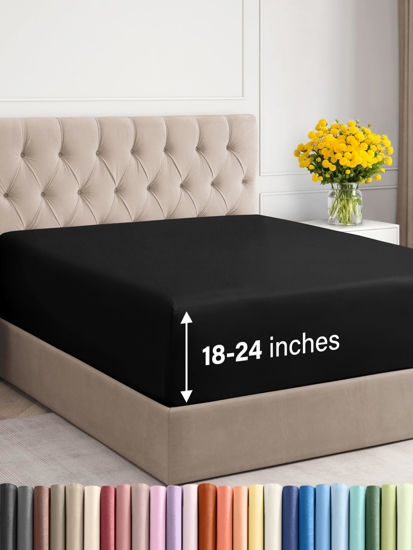 Picture of Extra Deep Twin Fitted Sheet - Hotel Luxury Single Fitted Sheet Only - Twin Sheet Easily Fits 18 inch to 24 inch Mattress - Soft, Wrinkle Free, Breathable & Comfy Extra Deep Pockets Black Fitted Sheet