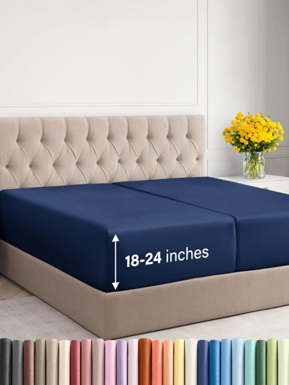 Picture of Extra Deep Split King Fitted Sheet - Hotel Luxury Single Fitted Sheet Only - Easily Fits 18 inch to 24 inch Mattress - Soft, Wrinkle Free, Breathable & Comfy Extra Deep Pockets Navy Blue Fitted Sheet