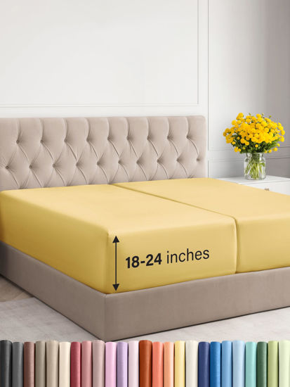 Picture of CGK Unlimited Extra Deep Split King Fitted Sheet - Hotel Luxury Single Fitted Sheet Only - Easily Fits 18 inch to 24 inch Mattress - Soft, Wrinkle Free & Breathable Yellow Fitted Sheet