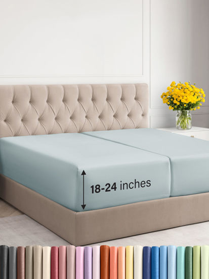 Picture of CGK Unlimited Extra Deep Split King Fitted Sheet - Hotel Luxury Single Fitted Sheet Only - Easily Fits 18 inch to 24 inch Mattress - Soft, Wrinkle Free & Breathable Ice Blue Fitted Sheet