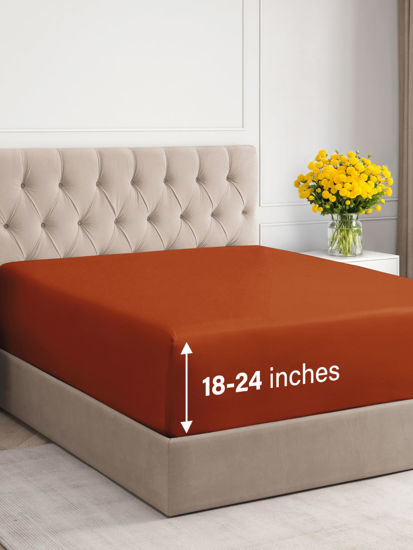 Picture of Extra Deep Twin Fitted Sheet - Hotel Luxury Single Fitted Sheet Only - Easily Fits 18 inch to 24 inch Mattress - Soft, Wrinkle Free, Breathable and Comfy - Extra Deep Pockets Terracotta Fitted Sheet