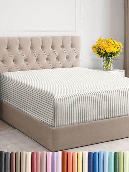 Picture of CGK Unlimited Extra Deep Full Fitted Sheet - Hotel Luxury Only - Easily Fits 18 inch to 24 inch Mattress - Soft, Wrinkle Free, Breathable & Comfy Extra Deep Pockets Beige Stripes 2 Fitted Sheet