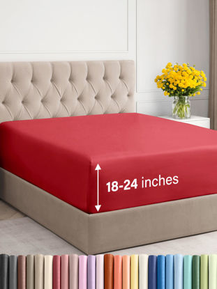 Picture of Extra Deep Cal King Fitted Sheet - Hotel Luxury Single Fitted Sheet Only - Sheet Easily Fits 18 inch to 24 inch Mattress - Soft, Wrinkle Free, Breathable and Comfy Extra Deep Pockets Red Fitted Sheet