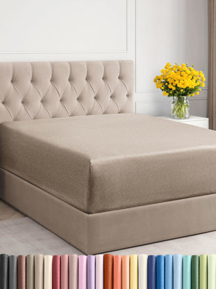 Picture of Extra Deep Full Fitted Sheet - Hotel Luxury Single Fitted Sheet Only - Easily Fits 18 inch to 24 inch Mattress - Soft, Wrinkle Free, Breathable & Comfy Extra Deep Pockets Heathered Beige Fitted Sheet