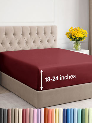 Picture of Extra Deep Twin XL Fitted Sheet - Hotel Luxury Single Fitted Sheet Only - Easily Fits 18 inch to 24 inch Mattress - Soft, Wrinkle Free, Breathable and Comfy - Extra Deep Pockets Burgundy Fitted Sheet