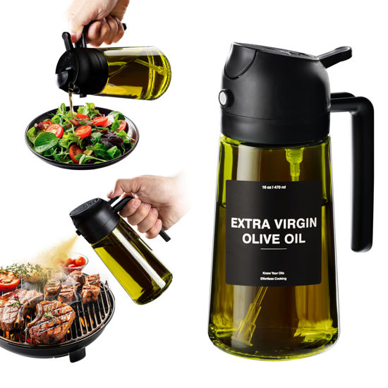 Picture of CXINYI - 16oz/470ml Olive Oil Dispenser for Kitchen with Stickers - 2 in 1 Olive Oil Sprayer for Cooking, Air Fryer, and Salad, Black (Light-Proof Kitchen Gadget)