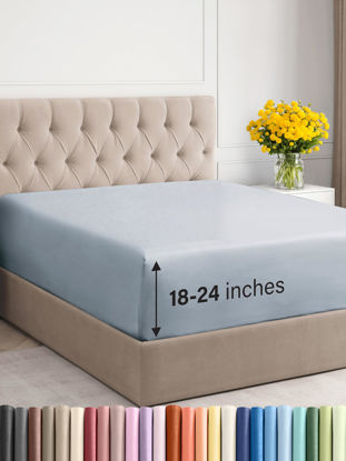 Picture of Extra Deep Twin Fitted Sheet - Hotel Luxury Single Fitted Sheet Only - Sheet Easily Fits 18 inch to 24 inch Mattress - Soft, Wrinkle Free, Breathable And Comfy Extra Deep Pockets Sky Blue Fitted Sheet