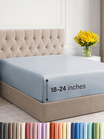 Picture of Extra Deep King Fitted Sheet - Hotel Luxury Single Fitted Sheet Only - Sheet Easily Fits 18 inch to 24 inch Mattress - Soft, Wrinkle Free, Breathable And Comfy Extra Deep Pockets Sky Blue Fitted Sheet