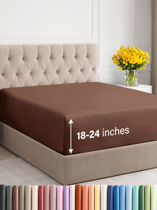 Picture of Extra Deep Cal King Fitted Sheet - Hotel Luxury Single Fitted Sheet Only - Sheet Easily Fits 18 inch to 24 inch Mattress - Soft, Wrinkle Free, Breathable & Comfy Extra Deep Pockets Brown Fitted Sheet