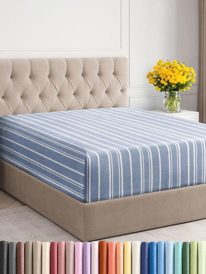 Picture of Extra Deep Twin Fitted Sheet - Hotel Luxury Single Fitted Sheet Only - Easily Fits 18 inch to 24 inch Mattress - Soft, Wrinkle Free, Breathable And Comfy - Extra Deep Pockets Blue Striped Fitted Sheet