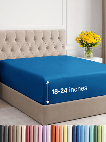 Picture of Extra Deep Twin Fitted Sheet - Hotel Luxury Single Fitted Sheet Only - Easily Fits 18 inch to 24 inch Mattress - Soft, Wrinkle Free, Breathable and Comfy - Extra Deep Pockets Royal Blue Fitted Sheet
