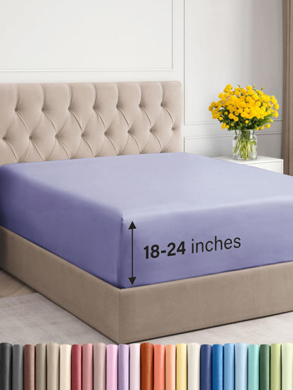Picture of Extra Deep King Fitted Sheet - Hotel Luxury Single Fitted Sheet Only - Sheet Easily Fits 18 inch to 24 inch Mattress - Soft, Wrinkle Free, Breathable And Comfy Extra Deep Pockets Lavender Fitted Sheet