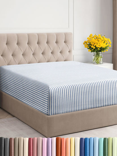 Picture of Extra Deep Full Fitted Sheet - Hotel Luxury Single Fitted Sheet Only - Easily Fits 18 inch to 24 inch Mattress - Soft, Wrinkle Free, Breathable And Comfy - Extra Deep Pockets Blue Striped Fitted Sheet