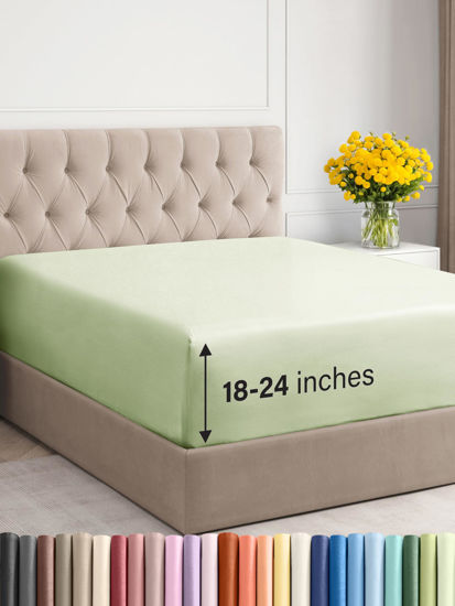 Picture of Extra Deep Cal King Fitted Sheet - Hotel Luxury Single Fitted Sheet - Easily Fits 18 inch to 24 inch Mattress - Soft, Wrinkle Free, Breathable & Comfy Extra Deep Pockets Light Sage Green Fitted Sheet