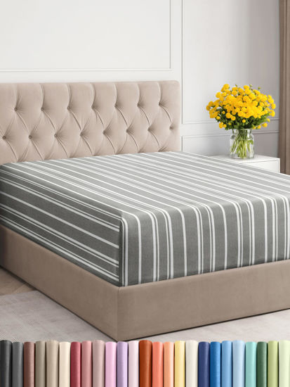 Picture of Extra Deep Queen Fitted Sheet - Hotel Luxury Single Fitted Sheet Only - Easily Fits 18 inch to 24 inch Mattress - Soft, Wrinkle Free, Breathable & Comfy Extra Deep Pockets Grey Striped Fitted Sheet
