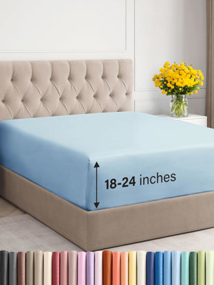 Picture of Extra Deep Full Fitted Sheet - Hotel Luxury Single Fitted Sheet Only - Easily Fits 18 inch to 24 inch Mattress - Soft, Wrinkle Free, Breathable and Comfy - Extra Deep Pockets Light Blue Fitted Sheet