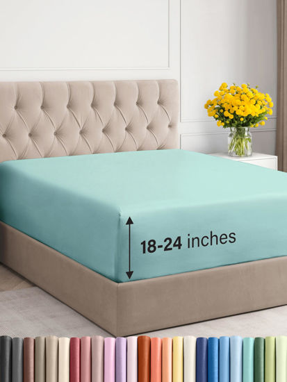 Picture of Extra Deep Twin XL Fitted Sheet - Hotel Luxury Single Fitted Sheet Only - Easily Fits 18 inch to 24 inch Mattress - Soft, Wrinkle Free, Breathable and Comfy - Extra Deep Pockets Spa Blue Fitted Sheet