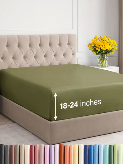 Picture of Extra Deep Twin XL Fitted Sheet - Hotel Luxury Single Fitted Sheet Only - Easily Fits 18 inch to 24 inch Mattress - Soft, Wrinkle Free, Breathable & Comfy Extra Deep Pockets Sage Green Fitted Sheet