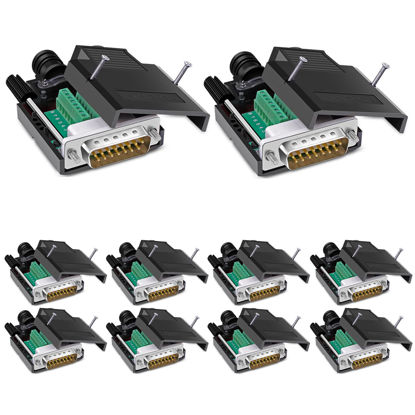 Picture of ANMBEST 10PCS DB15 Solderless Connector, RS232 D-SUB Serial to 15-pin Port 16mm Thinner Terminal Male Adapter Breakout Board with Case Long Bolts Nuts