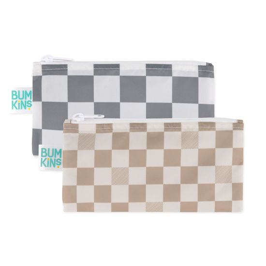 Picture of Bumkins Reusable Snack Bags, for Kids School Lunch and for Adults Portion, Washable Fabric, Waterproof Cloth Zip Bag, Supplies Travel Pouch, Food-Safe Storage, 2-pk Check