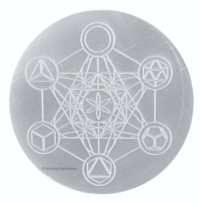 Picture of Selenite Crystal Charging Plate For Crystals And Healing Stones, 3" Selenite Crystal Plate Engraved Metatron Platonic Solid Coaster For Home Office Table Decor (Selenite Round Disc)