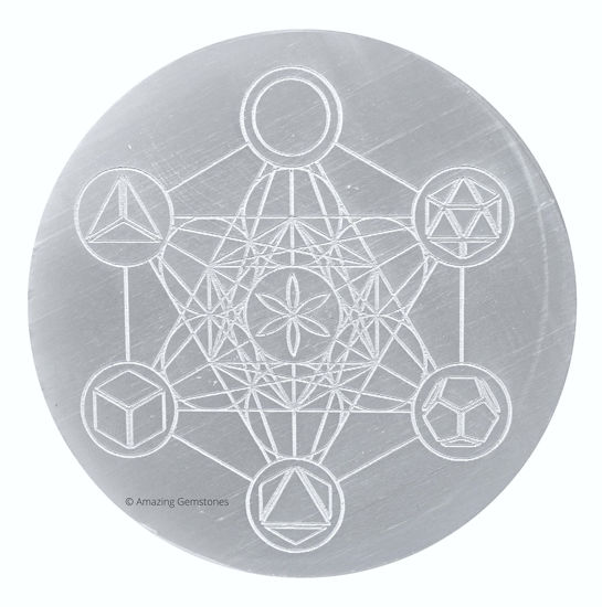 Picture of Selenite Crystal Charging Plate For Crystals And Healing Stones, 3" Selenite Crystal Plate Engraved Metatron Platonic Solid Coaster For Home Office Table Decor (Selenite Round Disc)