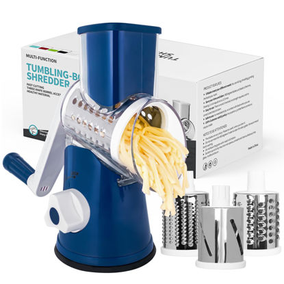 Picture of X Home Rotary Cheese Grater for Kitchen, Shredder with 3 Interchangeable Blades, Rotary Grater with Handle and Strong Suction Base, for Vegetables, Fruit, Nuts, Easy to Use and Clean, Dark Blue