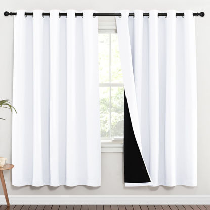 Picture of NICETOWN 100% Blackout Window Curtain Panels, Full Light Blocking Drapes with Black Liner for Nursery, 72-inch Drop Thermal Insulated Draperies (White, 2 Pieces, 70-inch Wide Per Panel)