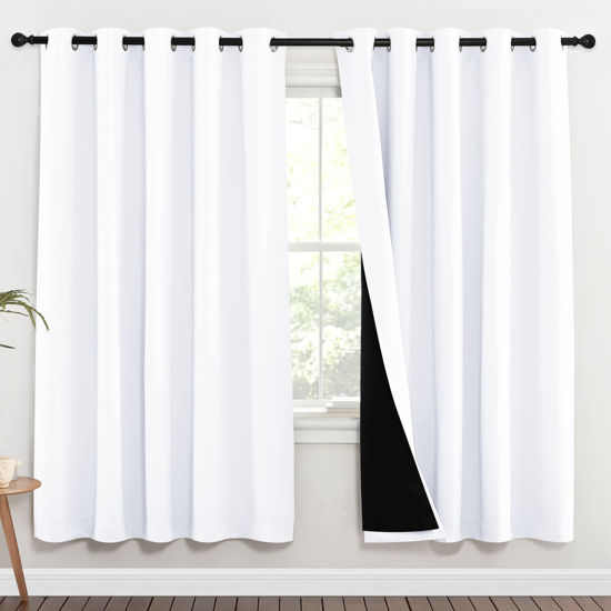 Picture of NICETOWN 100% Blackout Window Curtain Panels, Full Light Blocking Drapes with Black Liner for Nursery, 72-inch Drop Thermal Insulated Draperies (White, 2 Pieces, 70-inch Wide Per Panel)