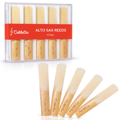 Picture of CeMeow Alto Saxophone Reeds 2.0, Professional Alto Sax Reeds 10Pack with Plastic Box, Thinner Reed Tip Advanced Cutting Technology for Saxophone Beginner and Player