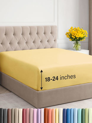 Picture of Extra Deep Queen Fitted Sheet - Hotel Luxury Single Fitted Sheet Only - Sheet Easily Fits 18 inch to 24 inch Mattress - Soft, Wrinkle Free, Breathable and Comfy Extra Deep Pockets Yellow Fitted Sheet