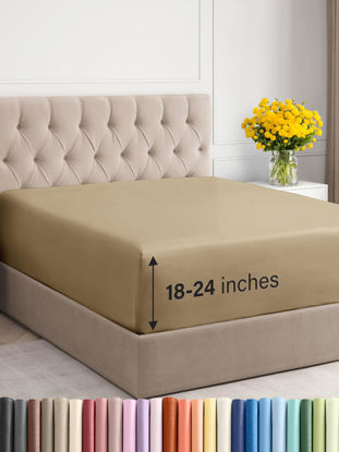 Picture of Extra Deep King Fitted Sheet - Hotel Luxury Single Fitted Sheet Only - King Sheet Easily Fits 18 inch to 24 inch Mattress - Soft, Wrinkle Free, Breathable & Comfy Extra Deep Pockets Beige Fitted Sheet