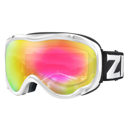 Picture of ZIONOR Lagopus Ski Snowboard Goggles UV Protection Anti fog Snow Goggles for Men Women Adult Youth VLT 62% White Frame Pink Lens