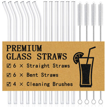 Picture of Piteno® 16-Pack Reusable Glass Straws Set, Clear Glass Drinking Straws, 8.5''x10MM, Set of 6 Straight and 6 Bent with 4 Cleaning Brushes, Perfect for Smoothies, Milkshakes, Juice, Tea