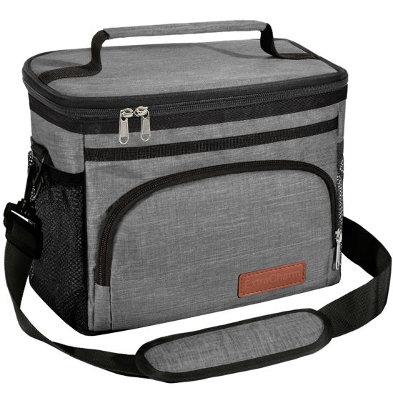 Picture of ExtraCharm Insulated Lunch Bag for Women/Men - Reusable Lunch Box for Office Picnic Hiking Beach - Leakproof Cooler Tote Bag Organizer with Adjustable Shoulder Strap for Adults - Grey