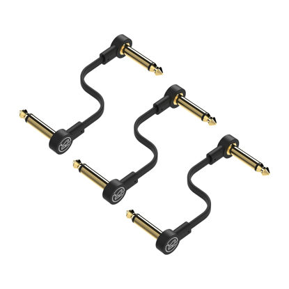 Picture of Rock Stock Guitar Flat Patch Cables (Pack of 3) - 4 Inch S-Shape Ultra-Thin Effect Guitar Pedal Patch Cables - Right-Angle, Black with Durable Gold Plated Connectors, Maximize Pedalboard Space
