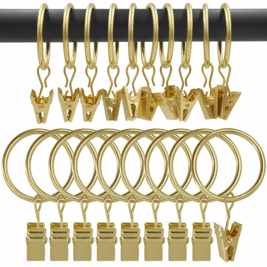 Picture of AMZSEVEN 90 Pack Curtain Rings with Clips, Drapery Clips with Rings, Drapes Rings 1.26 in Interior Diameter, Fits up to 1 in Curtain Rod, Gold Color