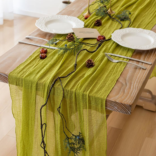 Picture of Keketo Spring Moss Green Cheesecloth Table Runner Gauze 120 Inch 10 FT Rustic Boho Cheese Cloth Runner for Wedding Baby Shower Bridal Shower Birthday Party Long Sheer Easter Home Decorations