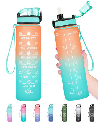 Picture of Enerbone 32 oz Water Bottle, Leakproof BPA & Toxic Free, Motivational Water Bottle with Times to Drink and Straw, Fitness Sports Water Bottle with Strap for Office, Gym, Outdoor Sports, Orange-Green