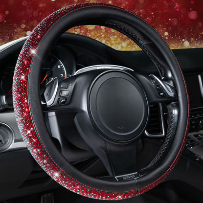 Picture of CAR PASS Bling Diamond Leather Steering Wheel Cover, Bling Sparkly Crystal Glitter Rhinestones Universal Fit 14" 1/2-15" Car Wheel Protector for Women Girl Fit Suvs,Vans,Sedans,Trucks, Red Silver
