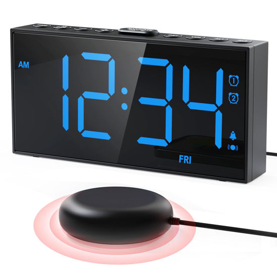 Picture of Extra Loud Alarm Clock with Bed Shaker,Vibrating Alarm Clock for Heavy Sleepers Hearing-impaired Deaf,2 Alarms 3-level Vibration for Weekday/Everyday Mode,5 Dimmer,5 Volume,Big Number,Power-off Memory