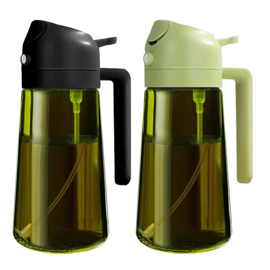 Picture of YARRAMATE 16oz/470ml 2PCS Light Blockage Dark Oil Sprayer for Cooking, 2 in 1 Olive Oil Dispenser Bottle for Kitchen, Dark Green Glass Oil Bottle, Food-Grade Oil Mister for Air Fryer(Black & Green)