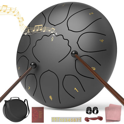 Picture of Rain Drum for Outside Garden, 8 Inches 11 Notes Steel Tongue Chakra Drum, Waterproof Rain Chime Meditation Drum, Musical Instruments for Adult Gift with Drum Bag, Music Book, Drum Mallets (Black)