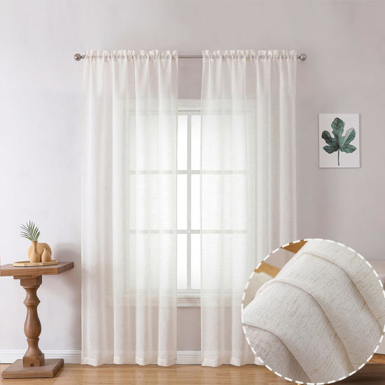 Picture of OWENIE Natural Linen Blend Sheer Curtains 72 inches Long 2 Panels Set for Bedroom, Light Filtering Farmhoues Door Cutain for Living Room Drapes, Each 40 W x 72 L