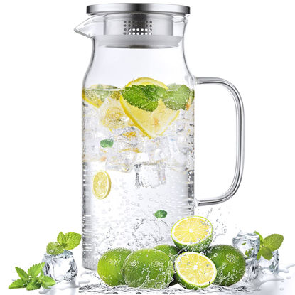Picture of 1.2 Liter 40 oz Glass Pitcher with Lid and Spout, Bivvclaz Glass Water Pitcher for Fridge, Glass Carafe for Hot/Cold Water, Iced Tea Pitcher, Small Pitcher for Coffee, Juice and Homemade Beverage